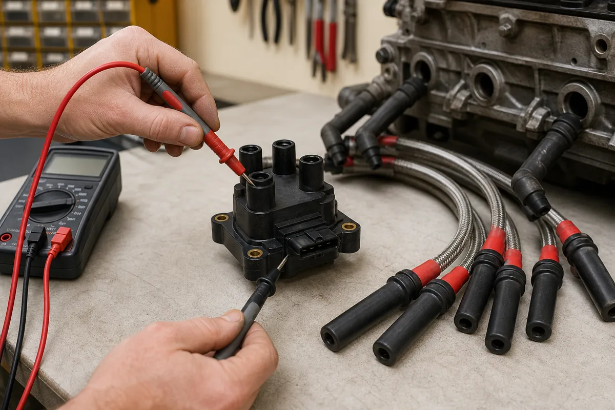 High-voltage ignition coil and armored wire testing on a diagnostic bench, 1200x800