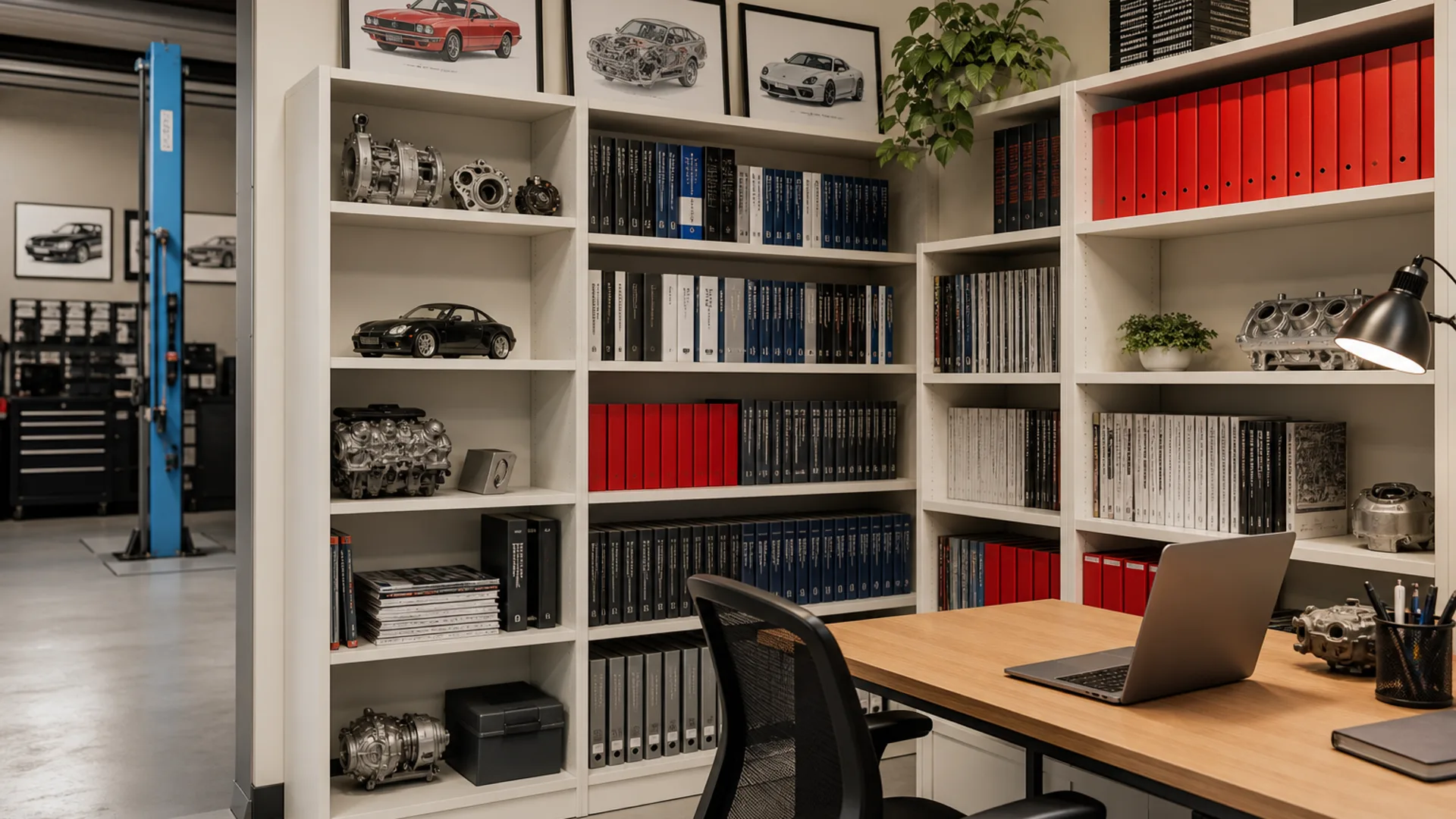 Technician reviewing automotive repair documentation and technical guides, 1920x1080