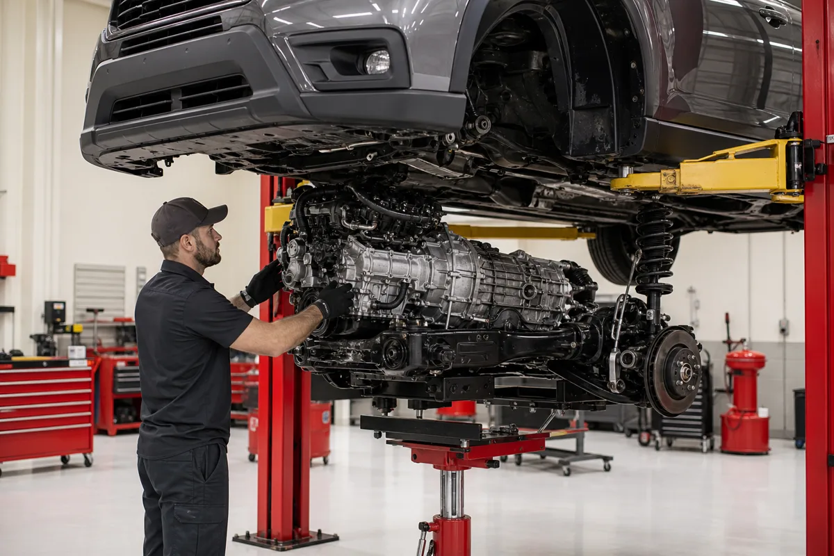 Technician performing complete unit replacement on a drivetrain assembly in a service bay, 1200x800