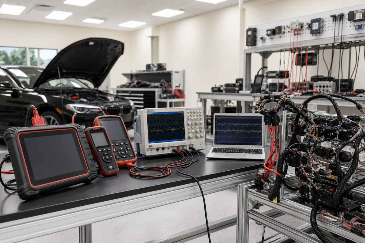 Automotive diagnostic workstation with scan tools and component testing equipment, 1200x800